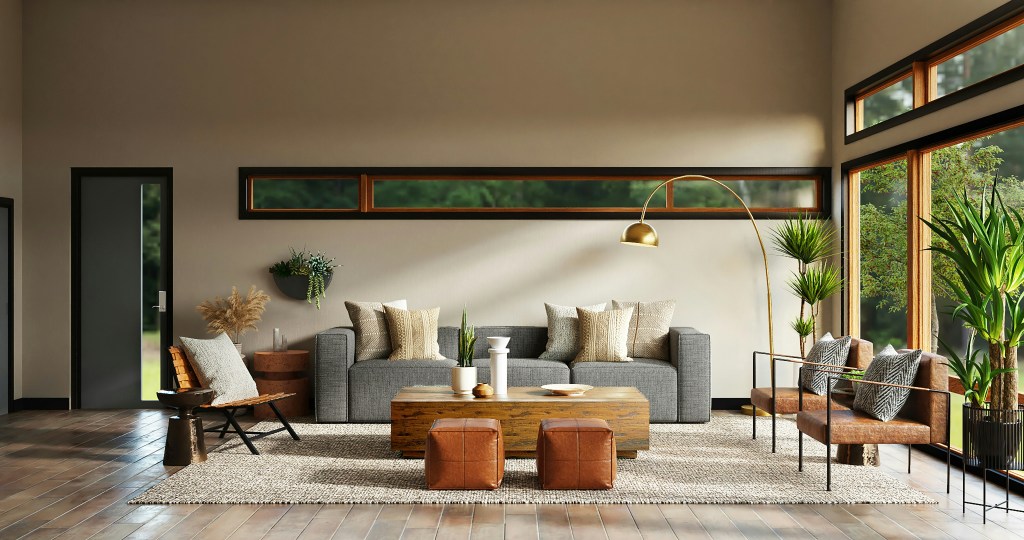 Modern living space with earthy tones, natural materials, large windows featuring the woods, and added plants inside creating a calm, balanced nature-inspired interior.